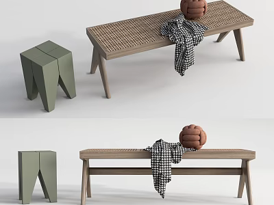 Green Wooden Modern Stools With Woven Seat Checkered Blanket And Decorative Ball 3d model