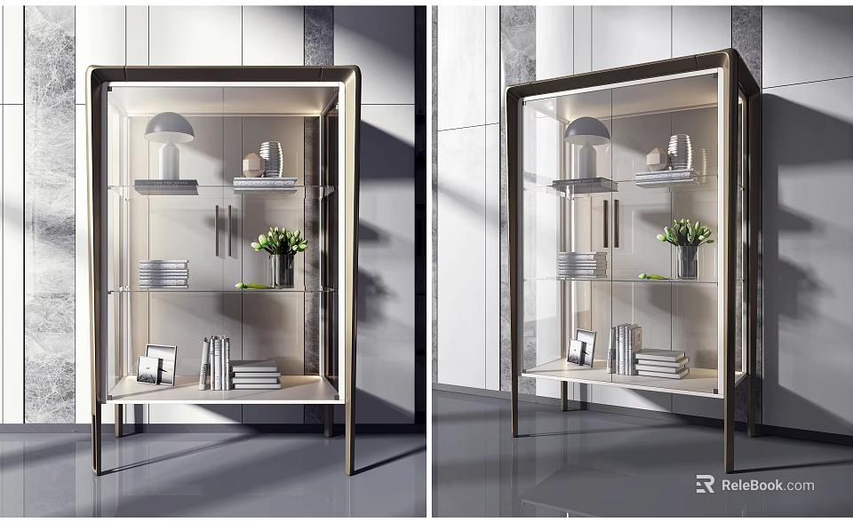 Modern Display Cabinet With Glass Doors Showcasing Plates Books Vase And Photo Frame 3d model 