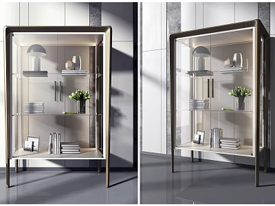 Modern Display Cabinet With Glass Doors Showcasing Plates Books Vase And Photo Frame 3d model