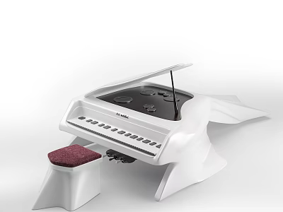 Stylish White Electronic Keyboard Musical Instrument with Black Panel and Red Cushion Stool 3d model