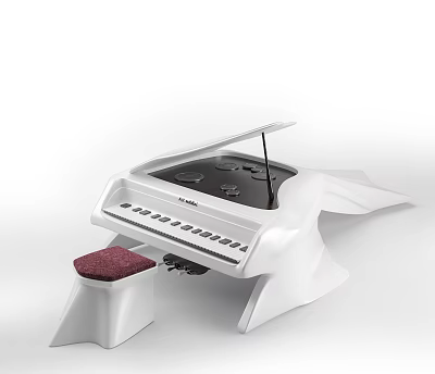 Stylish White Electronic Keyboard Musical Instrument with Black Panel and Red Cushion Stool 3d model