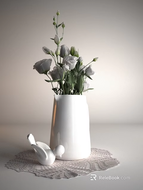 White Ceramic Vase With White Flowers And Green Stems On Table 3d model 