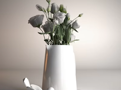 White Ceramic Vase With White Flowers And Green Stems On Table 3d model