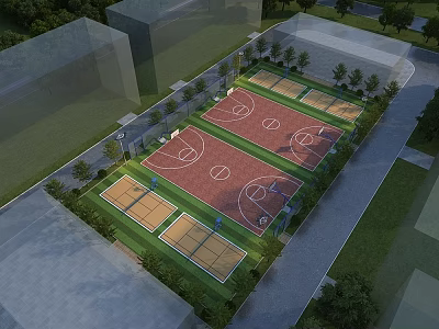 Top View Of Well Lit Soccer Fields With Green Turf Surrounding Trees And Clear Boundaries 3d model