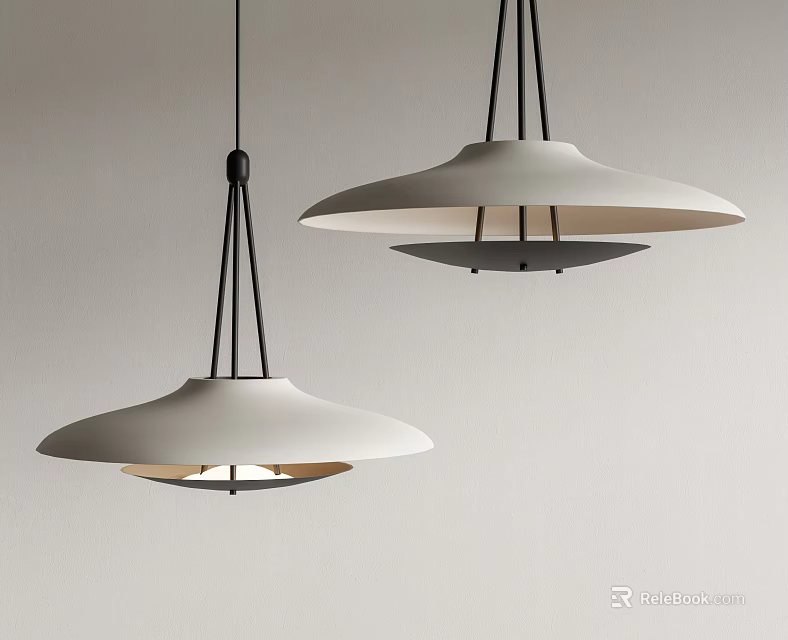 Two Modern Pendant Lights With White Shade And Black Metal Frame Design 3d model 