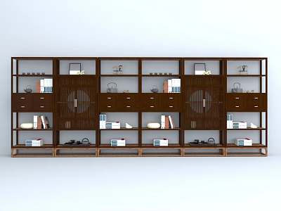 Wooden display shelving unit with multiple compartments and drawers for books and decor storage 3d model