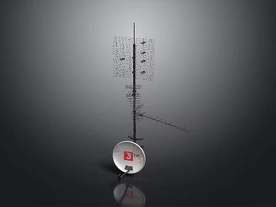 Communication Antenna With Red Logo And Metal Structure On Black Background 3d model