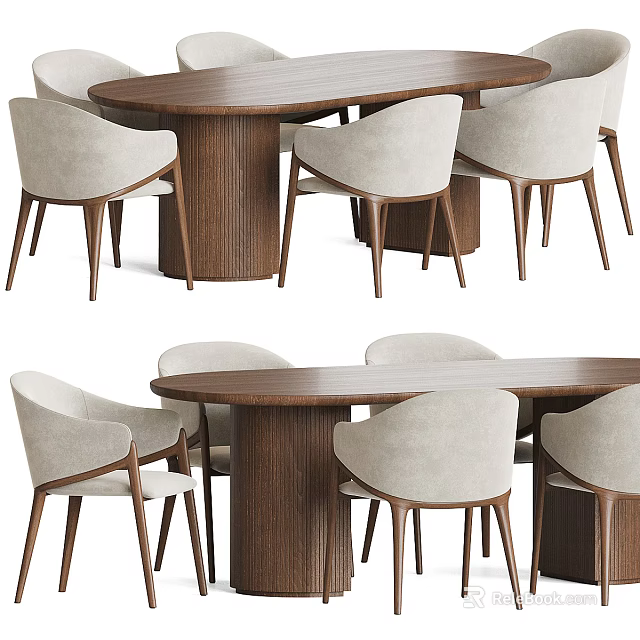 Modern Wooden Dining Table Set With Beige Fabric Chairs And Rectangular Tabletop Design 3d model 