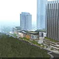 Modern Commercial Street With High Rise Buildings Green Trees And Pedestrian Walkways