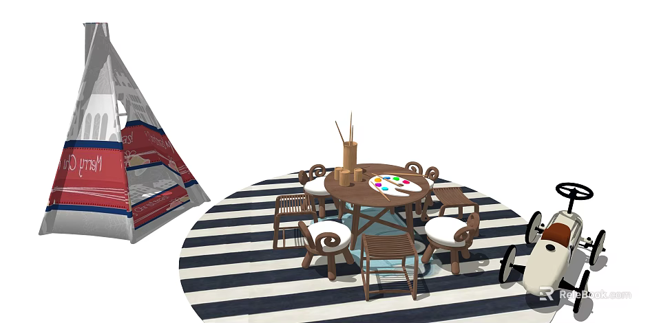 Kids Round Table With Chairs And Painting Palette On Striped Play Rug 3d model 