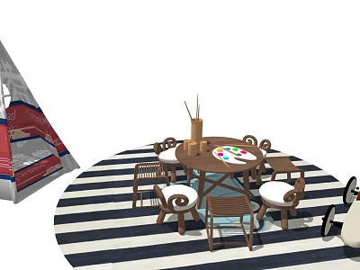Kids Round Table With Chairs And Painting Palette On Striped Play Rug 3d model