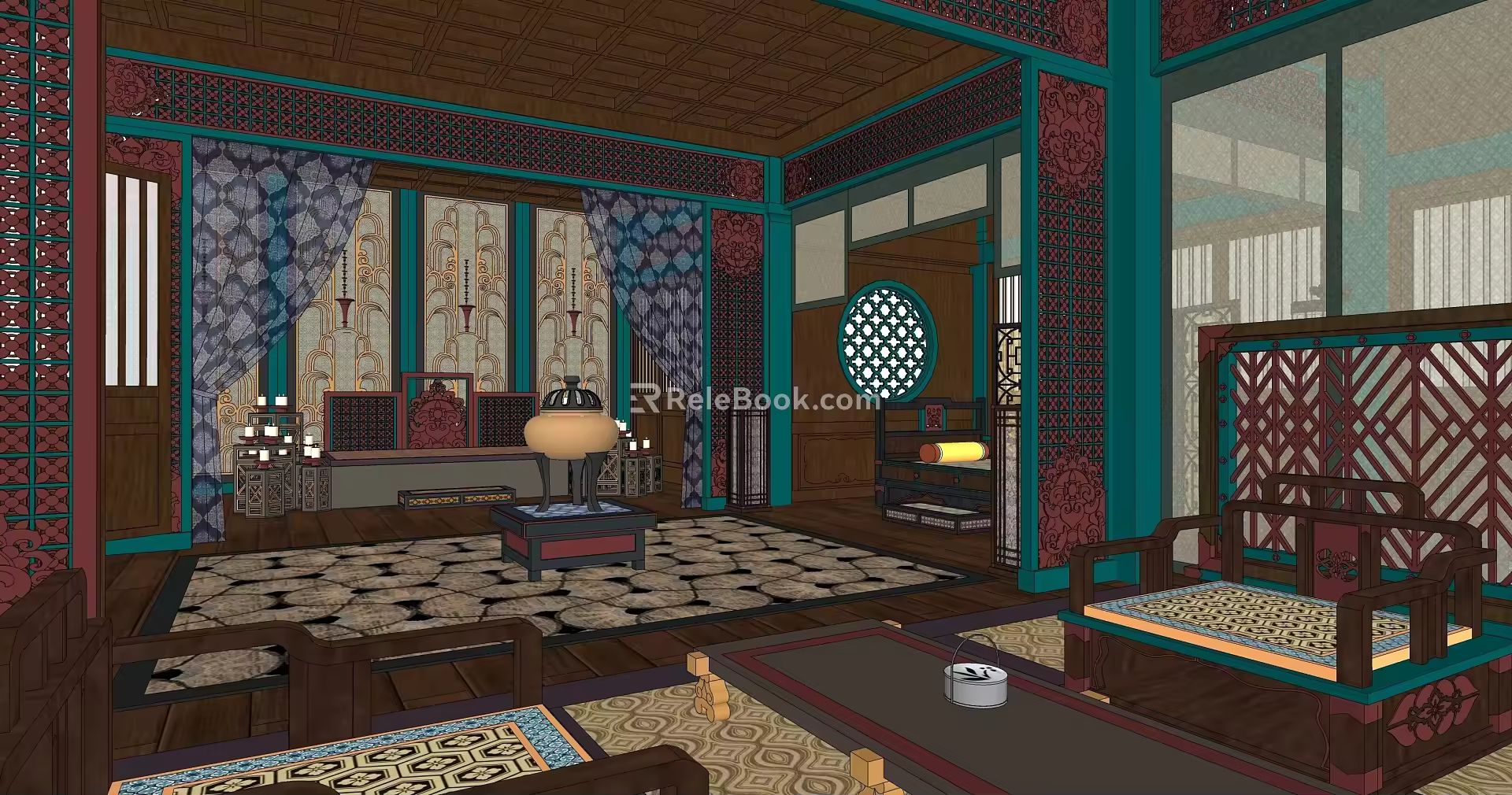 Chinese Style Ancient Architecture Dormitory Indoor Set 3d model