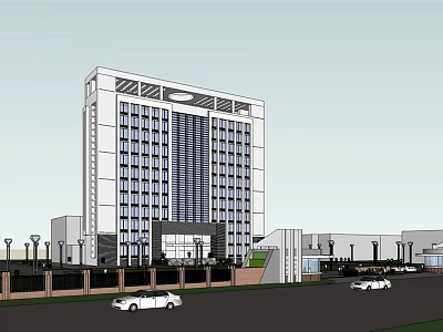 Modern High Rise Office Building With Glass Windows Parking Lot And Street Lamps 3d model
