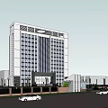 Modern High Rise Office Building With Glass Windows Parking Lot And Street Lamps