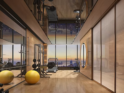 Modern Fitness Gym Interior With Workout Equipment Wooden Floors And Mirrors 3d model