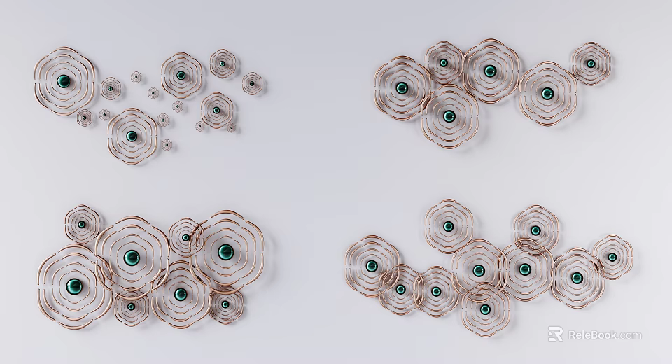 Modern Metal Flower Shaped Wall Decor With Green Center And Copper Frames 3d model