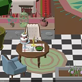 Cartoon Interior Scene With Table Cake Birdcage Chairs Checkerboard Floor Potted Plants And Colorful Rug