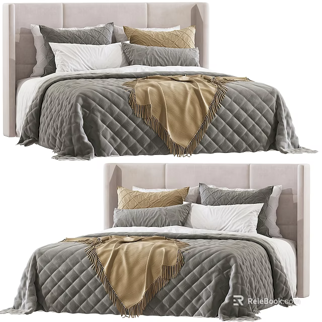 Modern Double Bed with Upholstered Headboard Quilted Grey Bedding Beige Throw and Pillows 3d model 