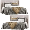 Modern Double Bed with Upholstered Headboard Quilted Grey Bedding Beige Throw and Pillows 3d model