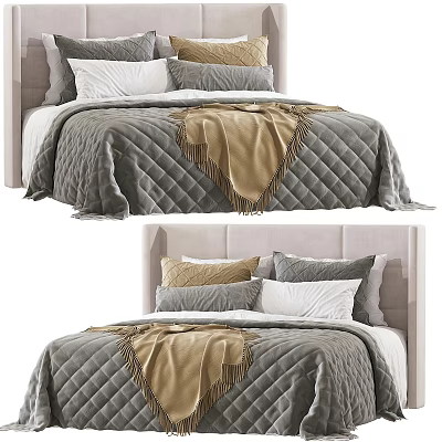 Modern Double Bed with Upholstered Headboard Quilted Grey Bedding Beige Throw and Pillows 3d model