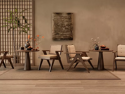 Japanese Style Wooden Table And Chair Set With Woven Screen Decorative Painting And Green Plant 3d model