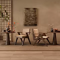 Japanese Style Wooden Table And Chair Set With Woven Screen Decorative Painting And Green Plant