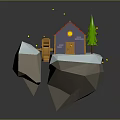 Low Poly Floating Cottage With Red Roof Purple Walls Water Wheel And Green Tree