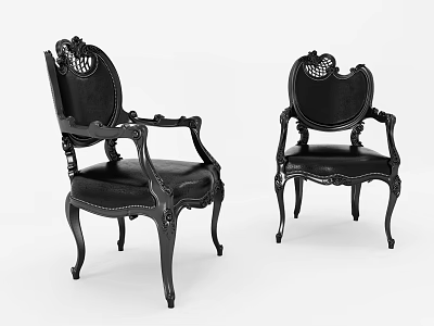 Black Classic Style Accent Chairs With Ornate Carvings Leather Seats And Armrests 3d model