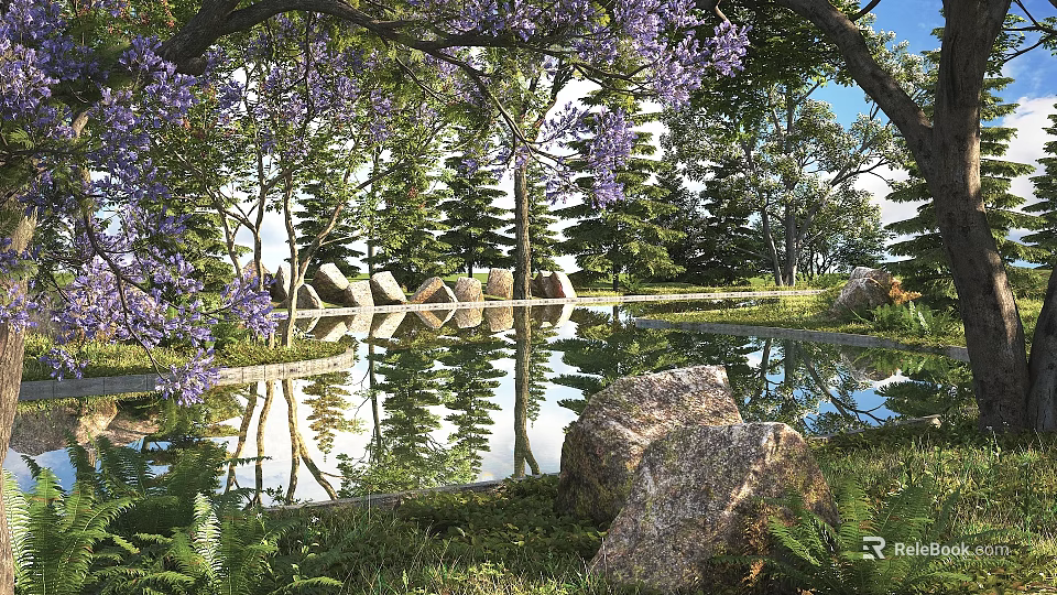 Arbor with Purple Flowers and Reflection in Pond Surrounded by Rocks and Green Grass 3d model 