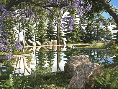Arbor with Purple Flowers and Reflection in Pond Surrounded by Rocks and Green Grass 3d model
