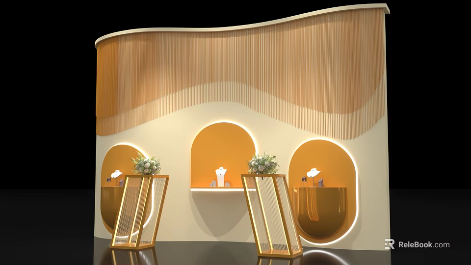 Modern Curved Display Cabinet With Wooden Wall Golden Stands And Green Plants For Jewelry 3d model 