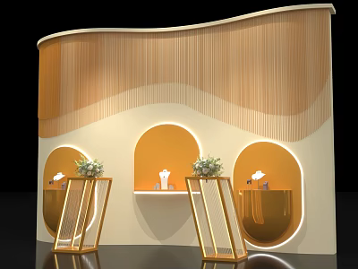 Modern Curved Display Cabinet With Wooden Wall Golden Stands And Green Plants For Jewelry 3d model