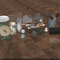 Rustic Household Essentials Featuring Plates Woven Mat Measuring Cups Metal Tins Spoons And Glass Jar