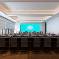 Modern Conference Room With Large Screen Windows 8 Logo Meeting Table And Office Chairs