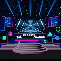 Futuristic Stage Design With Neon Lights Large Screen Geometric Shapes And Leading The Change Text
