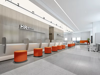 Spacious Bright Public Office Area With HR Department White Reception Desk And Orange Stools 3d model