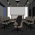 Modern Conference Room Interior Design With Conference Table Chairs Projection Screen Windows And Green Plant