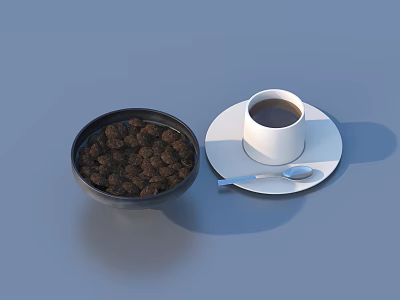 Dark Round Snacks in Black Bowl with White Coffee Cup and Spoon 3d model