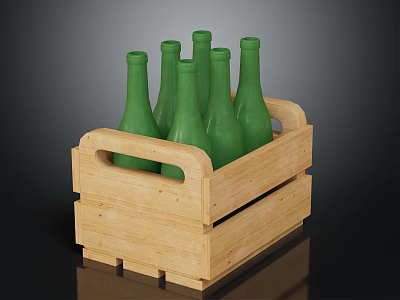 Wooden Crate Filled With Green Glass Bottles On Dark Surface 3d model