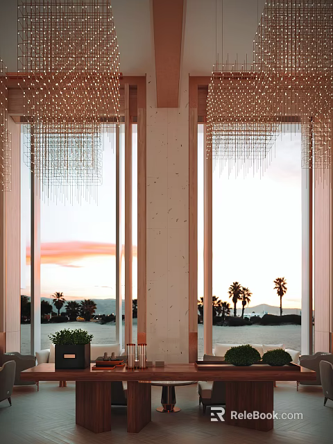 Elegant Modern Hotel Lobby Interior With Pendant Lights Leather Sofas And Wooden Reception Desk 3d model 