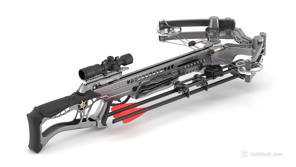Tactical Modern Crossbow Weapon With Telescopic Sight And Red Arrows 3d model 