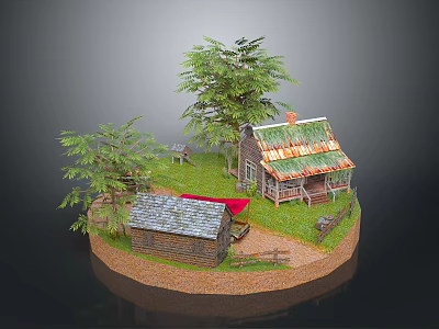 Cartoon Scene With Small Wooden House Red Roof Green Trees And Grassy Area 3d model