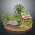 Cartoon Scene With Small Wooden House Red Roof Green Trees And Grassy Area