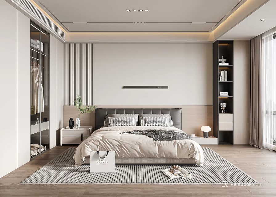 Modern Minimalist Bedroom Interior With Bed Nightstand Bookshelf Rug And Wardrobe 3d model 