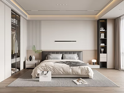 Modern Minimalist Bedroom Interior With Bed Nightstand Bookshelf Rug And Wardrobe 3d model