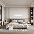 Modern Minimalist Bedroom Interior With Bed Nightstand Bookshelf Rug And Wardrobe