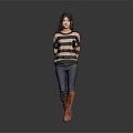 Woman In Striped Sweater Blue Jeans And Orange Boots Against Gray Background