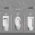 Public Restroom Featuring Three White Wall Mounted Urinals With Gray Background And Signage