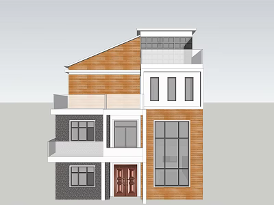 Modern Single Family House Exterior With Wooden Panel White Walls And Large Windows 3d model