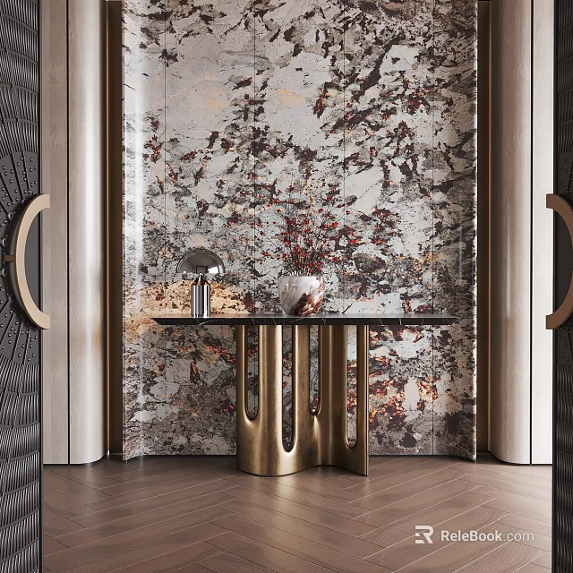 Stylish Entryway Hallway Interior With Artistic Wallpaper And Gold Console Table 3d model 